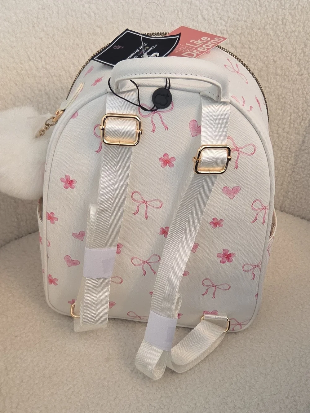 White & Pink Floral Mini Backpack with Pom Charm